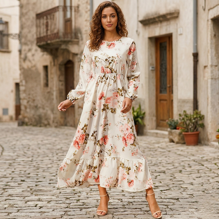 Maxi Dress Long Sleeve Floral Print Elastic Waist Women