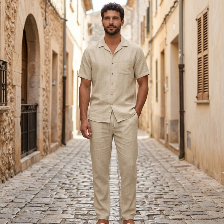 Mens Short Sleeve Shirt and Pants Set Button Up Casual Outfit