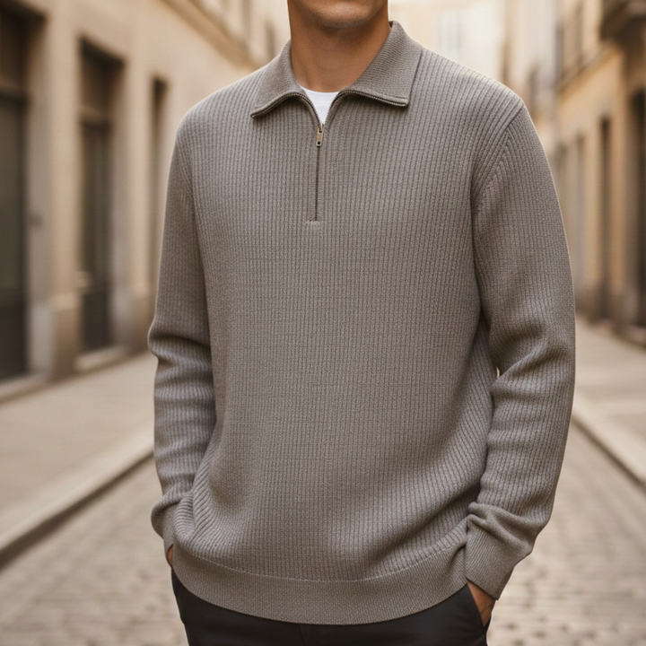 Polo Sweater Quarter Zip Ribbed Knit Men