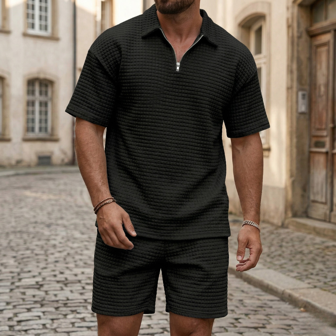 Mens Short Sleeve Shirt and Shorts Set Textured Casual Outfit
