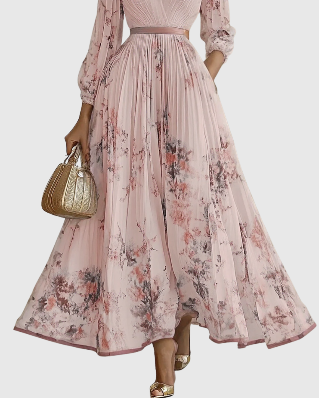 Women's Velvet Maxi Dress Pleated Long Sleeve