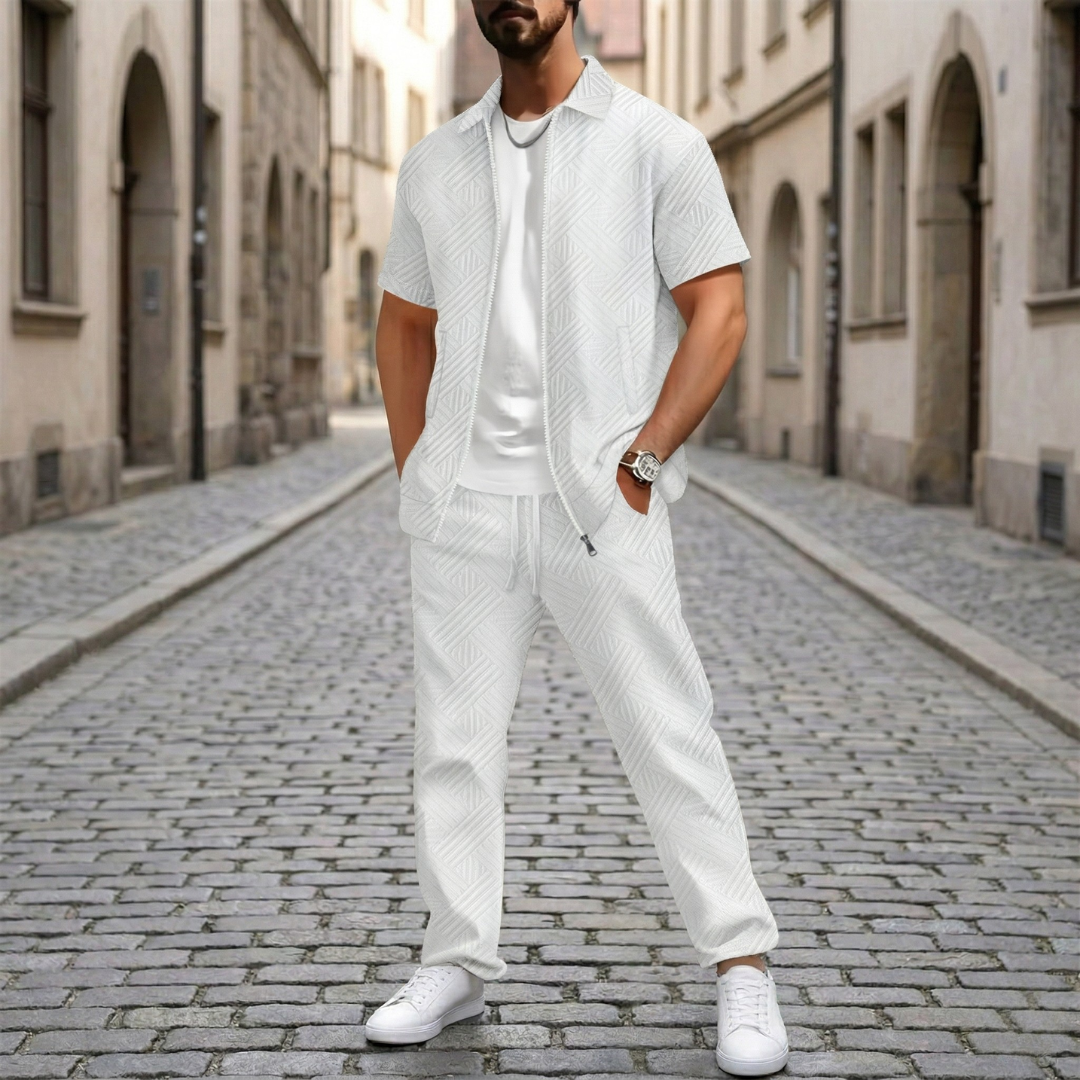 Mens Short Sleeve Shirt and Pants Set Textured Zip Casual Outfit