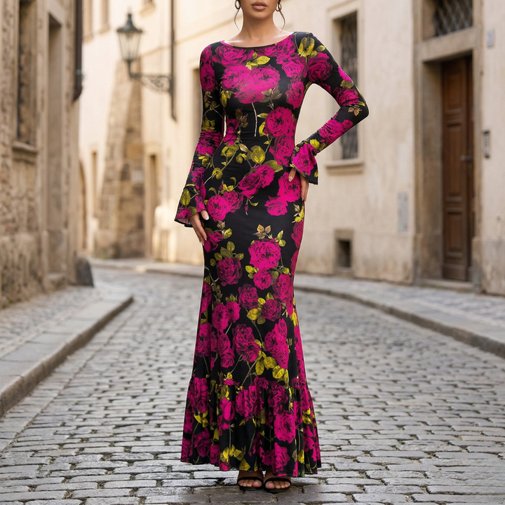 Maxi Dress Long Sleeve Floral Print Bodycon Women