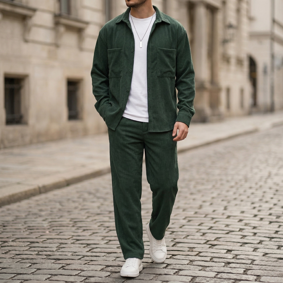 Mens Corduroy Shirt and Pants Set Button Up Casual Outfit