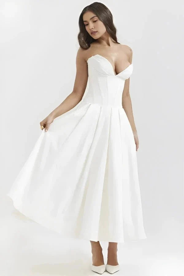 Women's Midi Dress Strapless Boned Bodice Full Skirt Zip Back