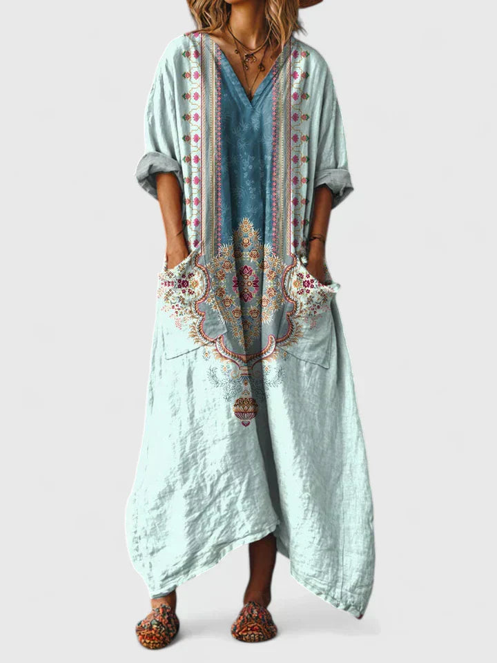 Floral Women's Dress V-Neck Viscose Short Sleeve Maxi Casual