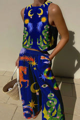 Women's Dress Linen Blend Sleeveless Printed Elastic Waist Pockets Casual Wear