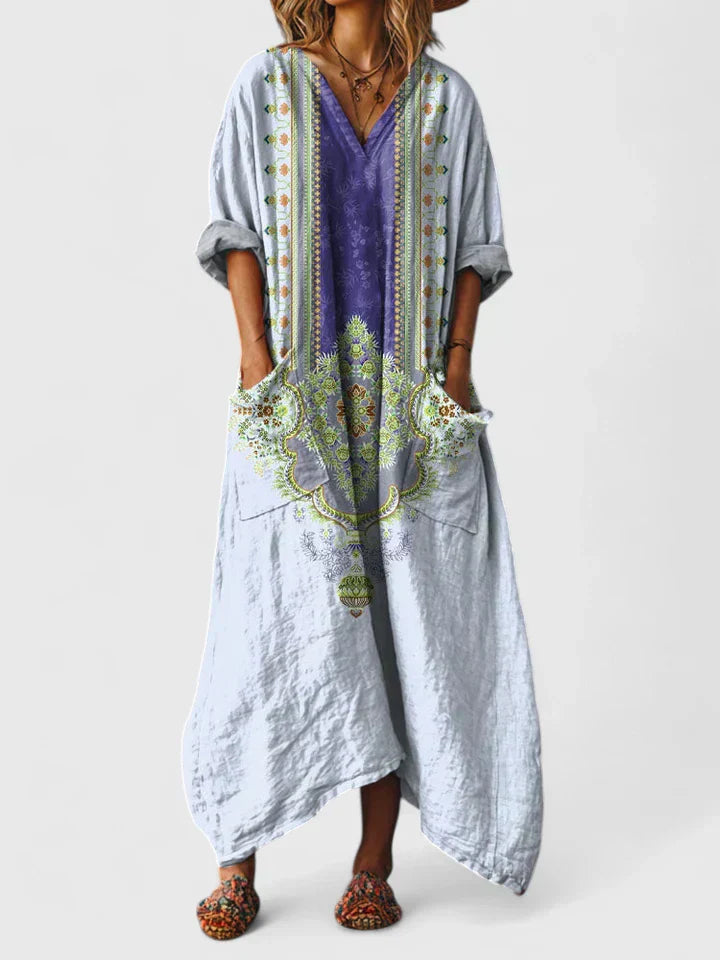 Floral Women's Dress V-Neck Viscose Short Sleeve Maxi Casual