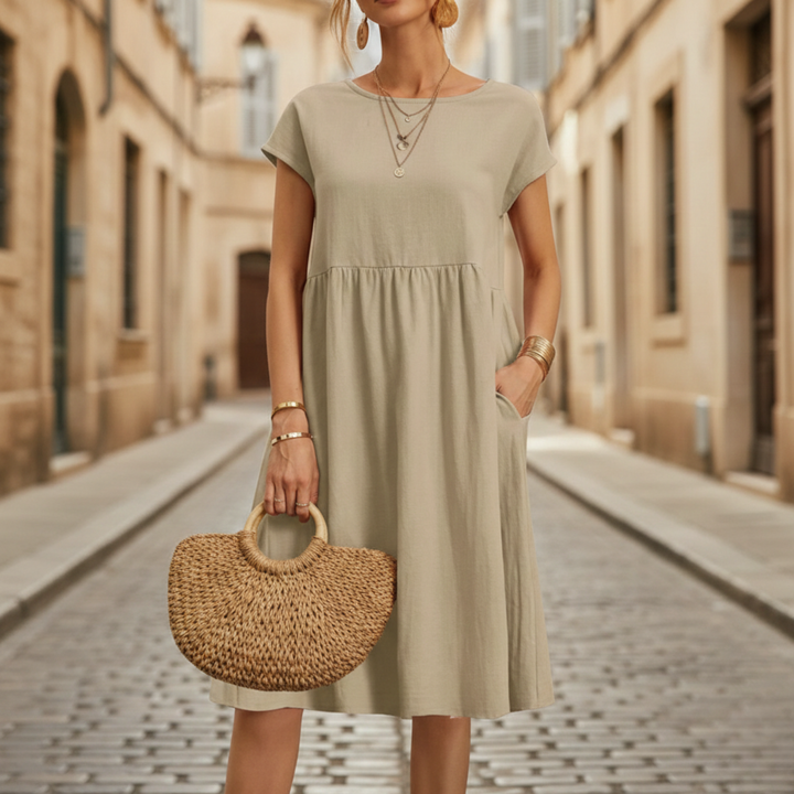 Midi dress short sleeve pocket womens
