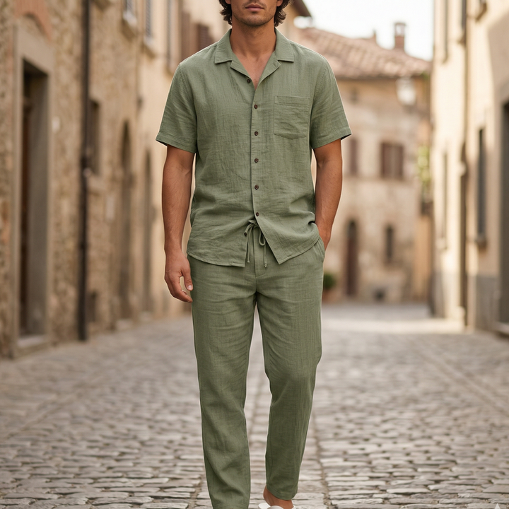 Mens Short Sleeve Shirt and Pants Set Button Up Casual Outfit