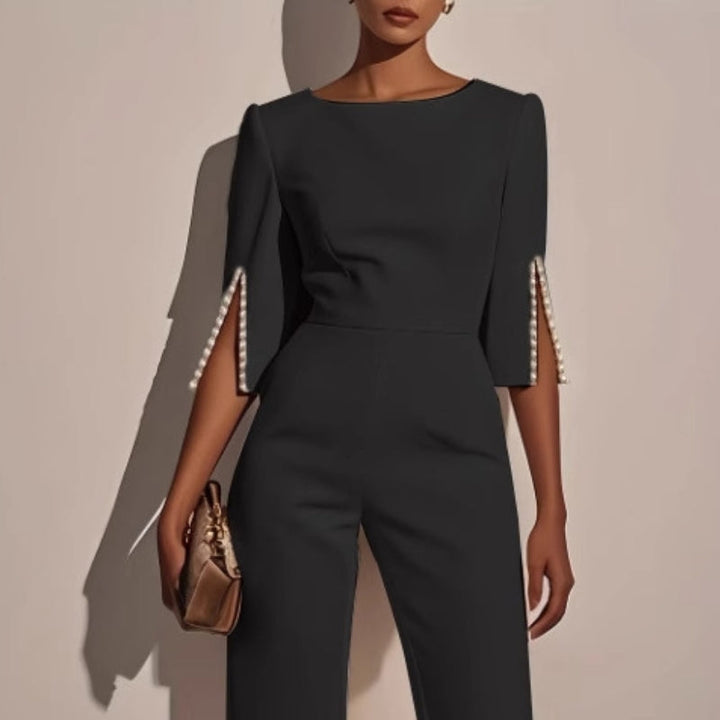 Women's Jumpsuit Velvet Wide Leg Boat Neck 3/4 Sleeve Pearl Trim – Formal
