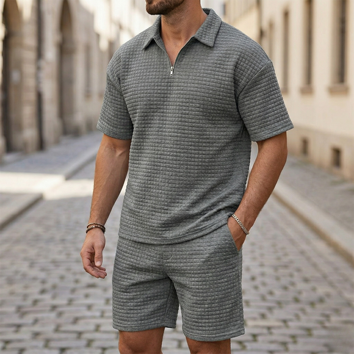 Mens Short Sleeve Shirt and Shorts Set Textured Casual Outfit