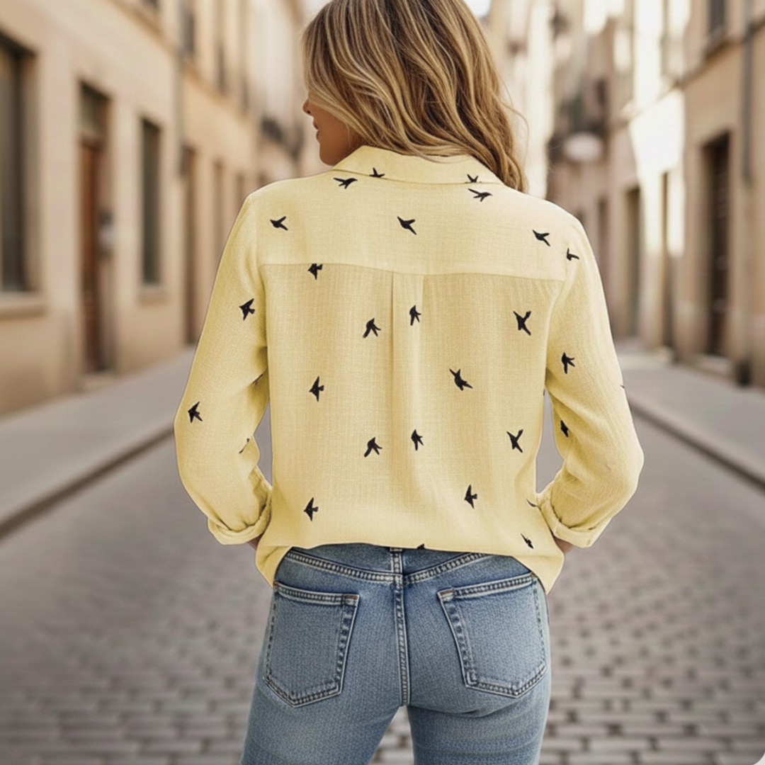 Womens Button Down Shirt Long Sleeve Bird Print