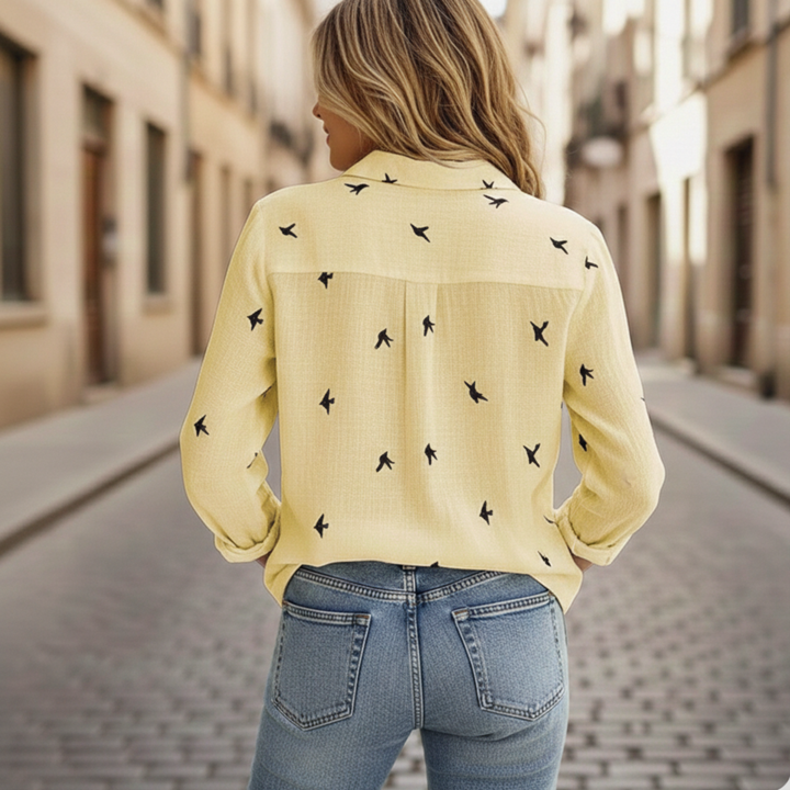 Womens Button Down Shirt Long Sleeve Bird Print