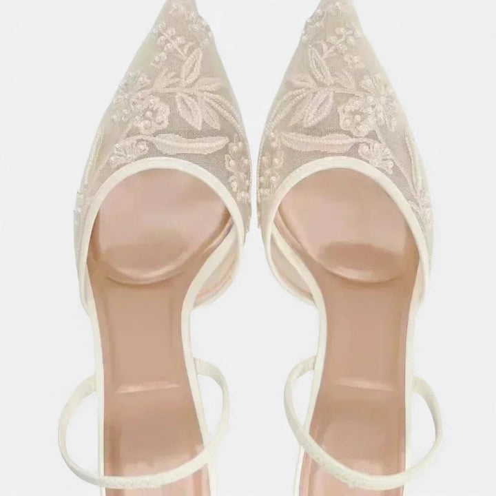 Women's Embroidered Mesh Stiletto Slip-On with Pointed Toe – Elegant