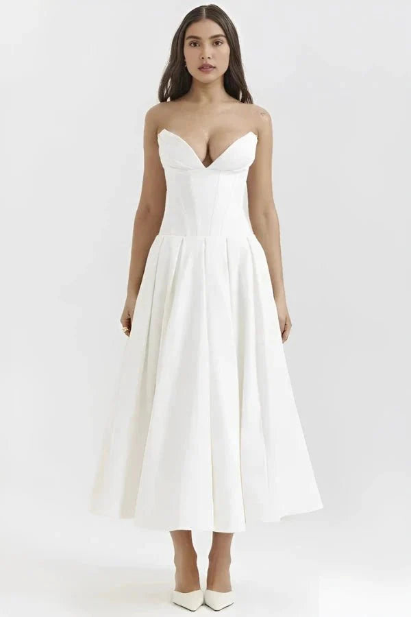 Women's Midi Dress Strapless Boned Bodice Full Skirt Zip Back