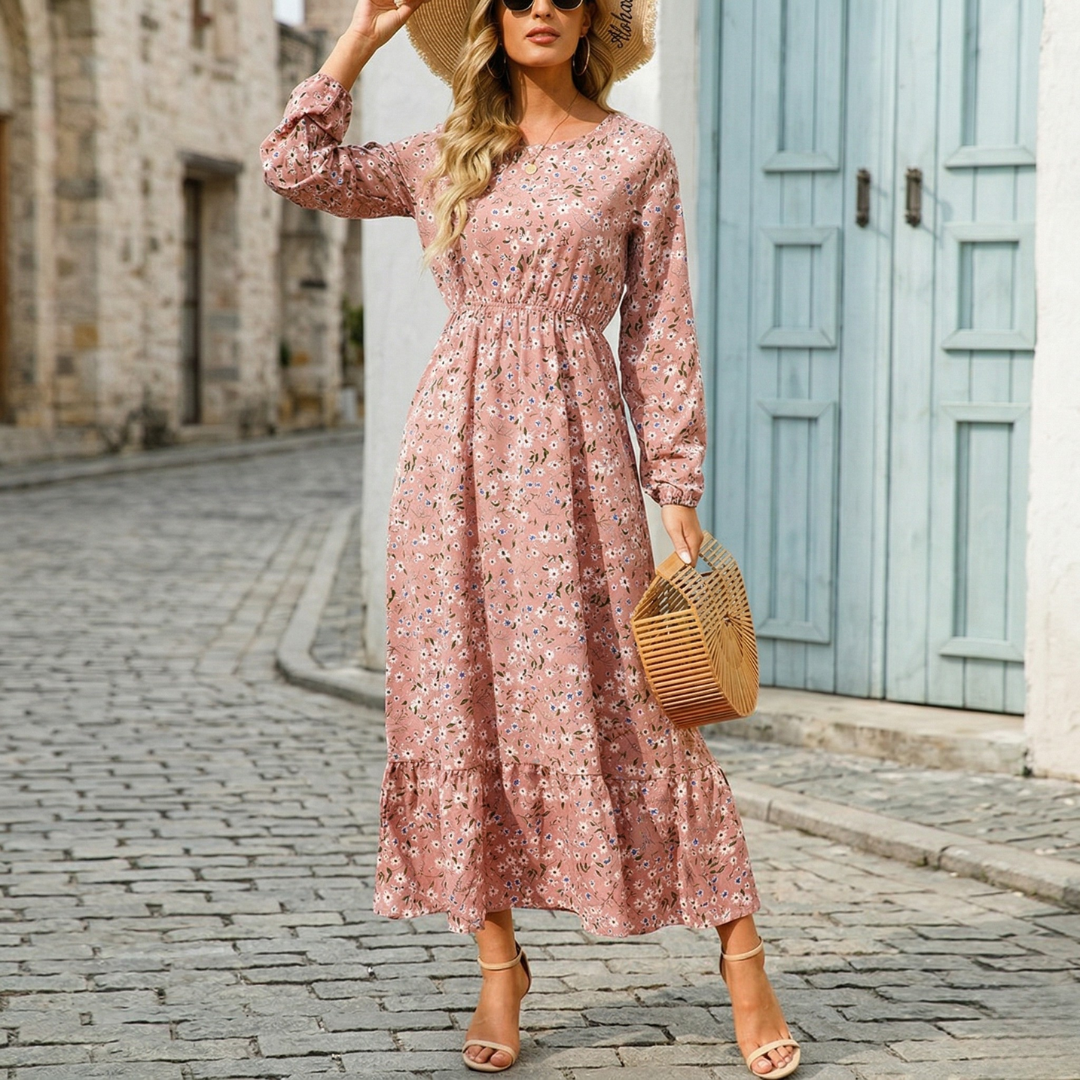 Maxi Dress Long Sleeve Floral Print Elastic Waist Women