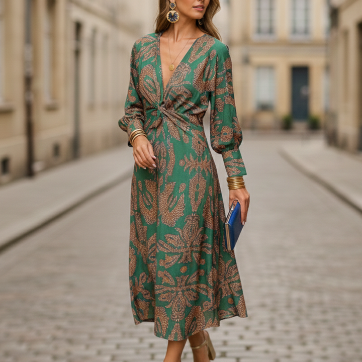 Maxi Dress Women Long Sleeve V Neck Printed