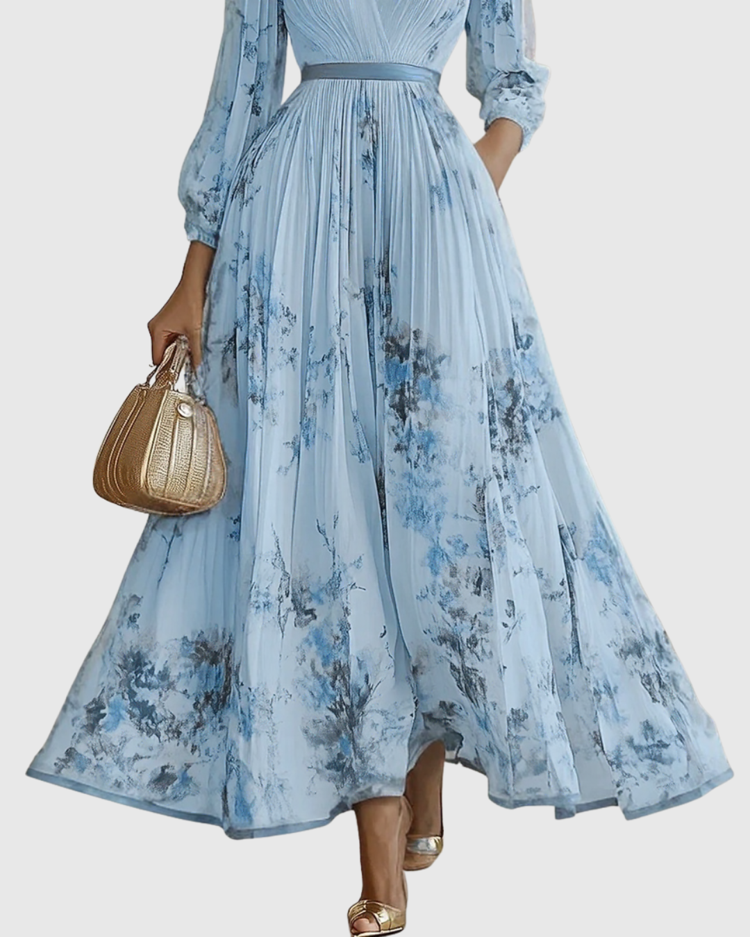 Women's Velvet Maxi Dress Pleated Long Sleeve