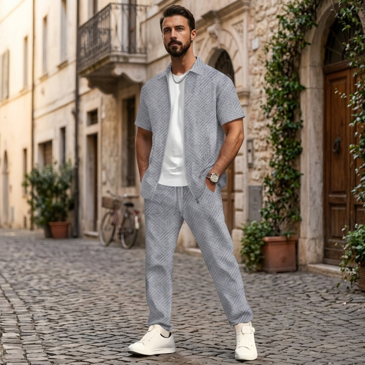 Mens Short Sleeve Shirt and Pants Set Textured Zip Casual Outfit