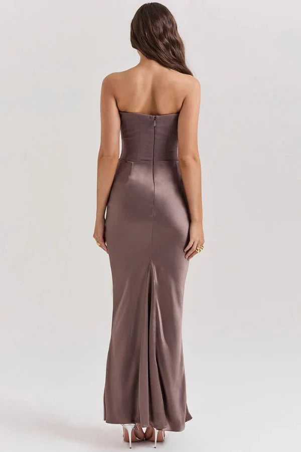 Women's Gown Strapless Corset Satin Structured Bodice Maxi Length