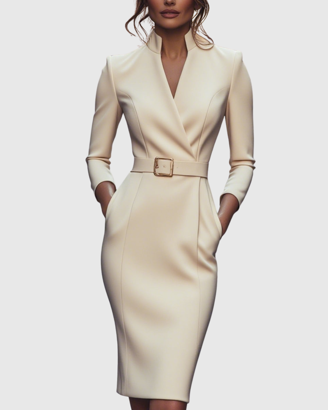 Women's Midi Dress Sheath Slim Fit Three Quarter Sleeve V-Neck Belted