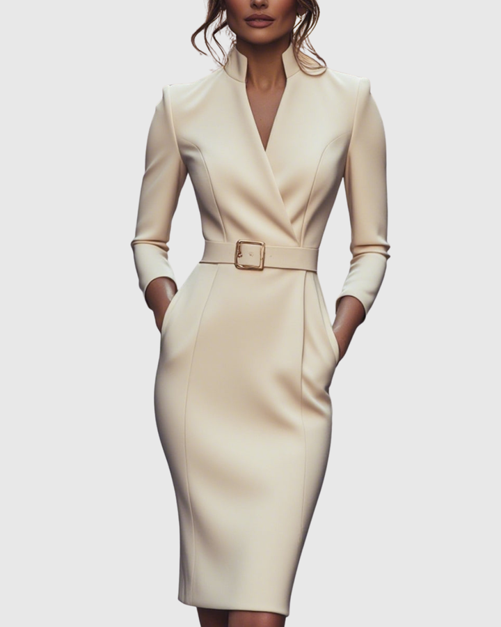 Women's Midi Dress Sheath Slim Fit Three Quarter Sleeve V-Neck Belted