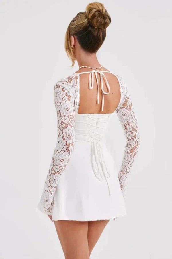Women's Mini Dress Lace Floral Structured Cup Flare Sleeve Fitted