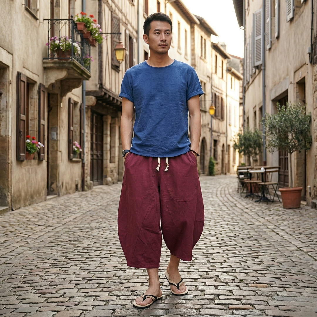 Mens Cropped Pants Drawstring Loose Fit Casual