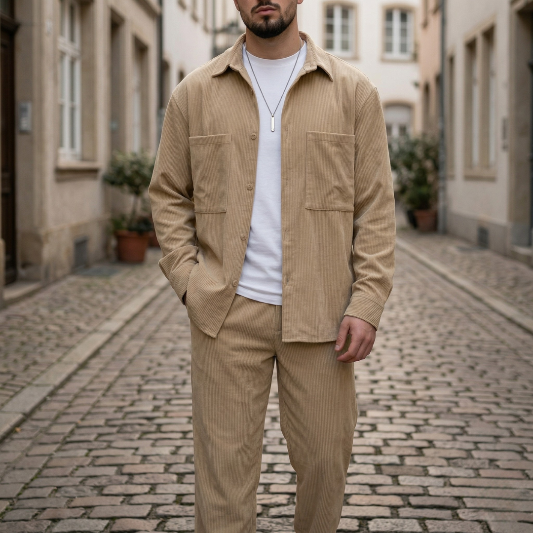Mens Corduroy Shirt and Pants Set Button Up Casual Outfit