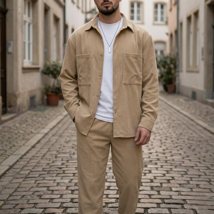 Mens Corduroy Shirt and Pants Set Button Up Casual Outfit
