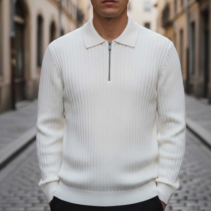 Polo Sweater Quarter Zip Ribbed Knit Men