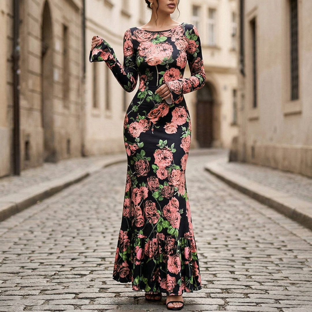Maxi Dress Long Sleeve Floral Print Bodycon Women