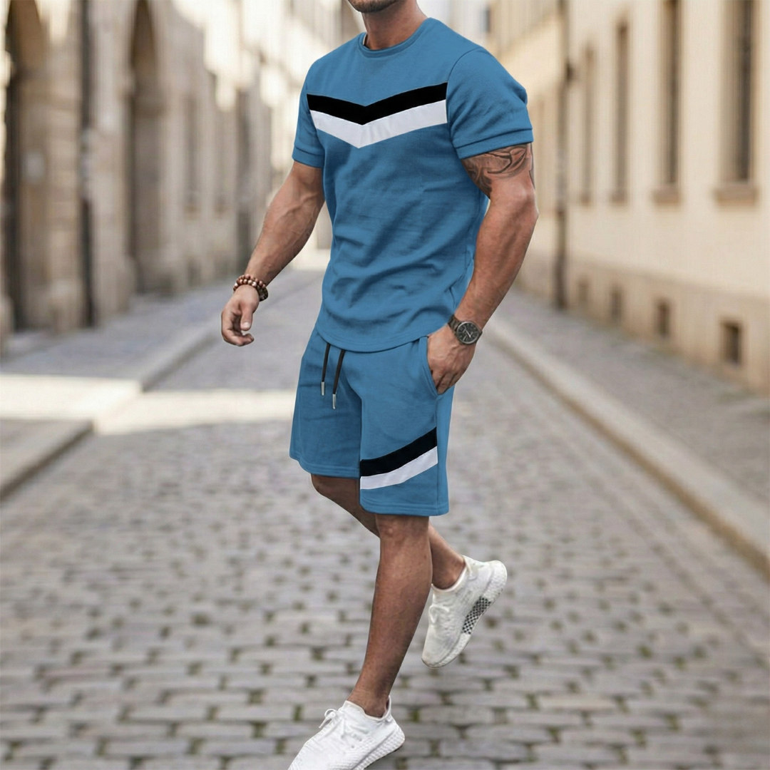 Mens T Shirt and Shorts Set Color Block Casual Outfit