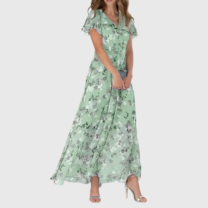 Women's Maxi Dress Floral Slim Fit Short Sleeve V-Neck