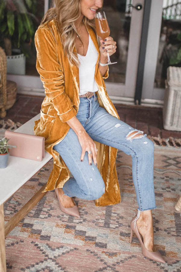 Women's Coat Velvet Long Sleeve Longline Open Front Casual Wear