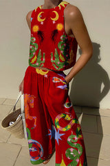 Women's Dress Linen Blend Sleeveless Printed Elastic Waist Pockets Casual Wear