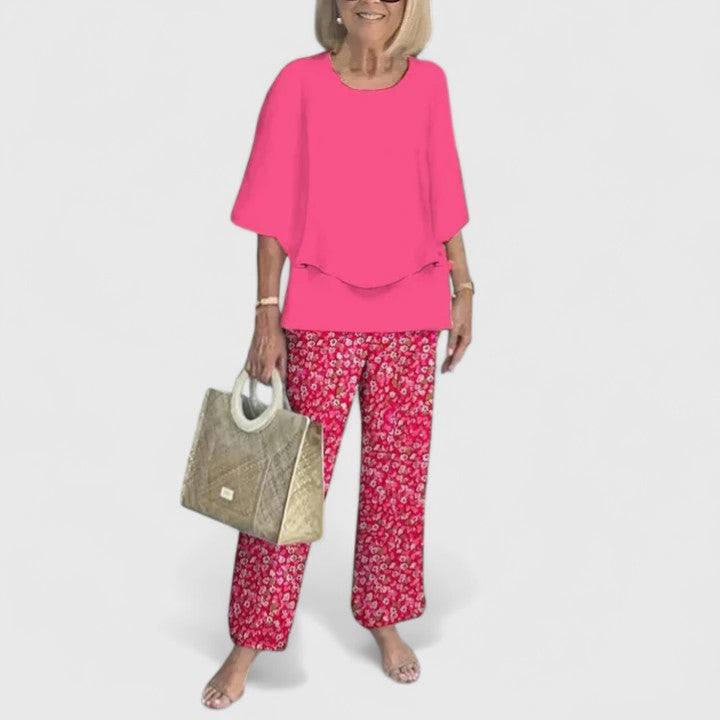 Women's Two-Piece Outfit Set Chiffon Loose Fit Cape Sleeve Top Floral Print Pants