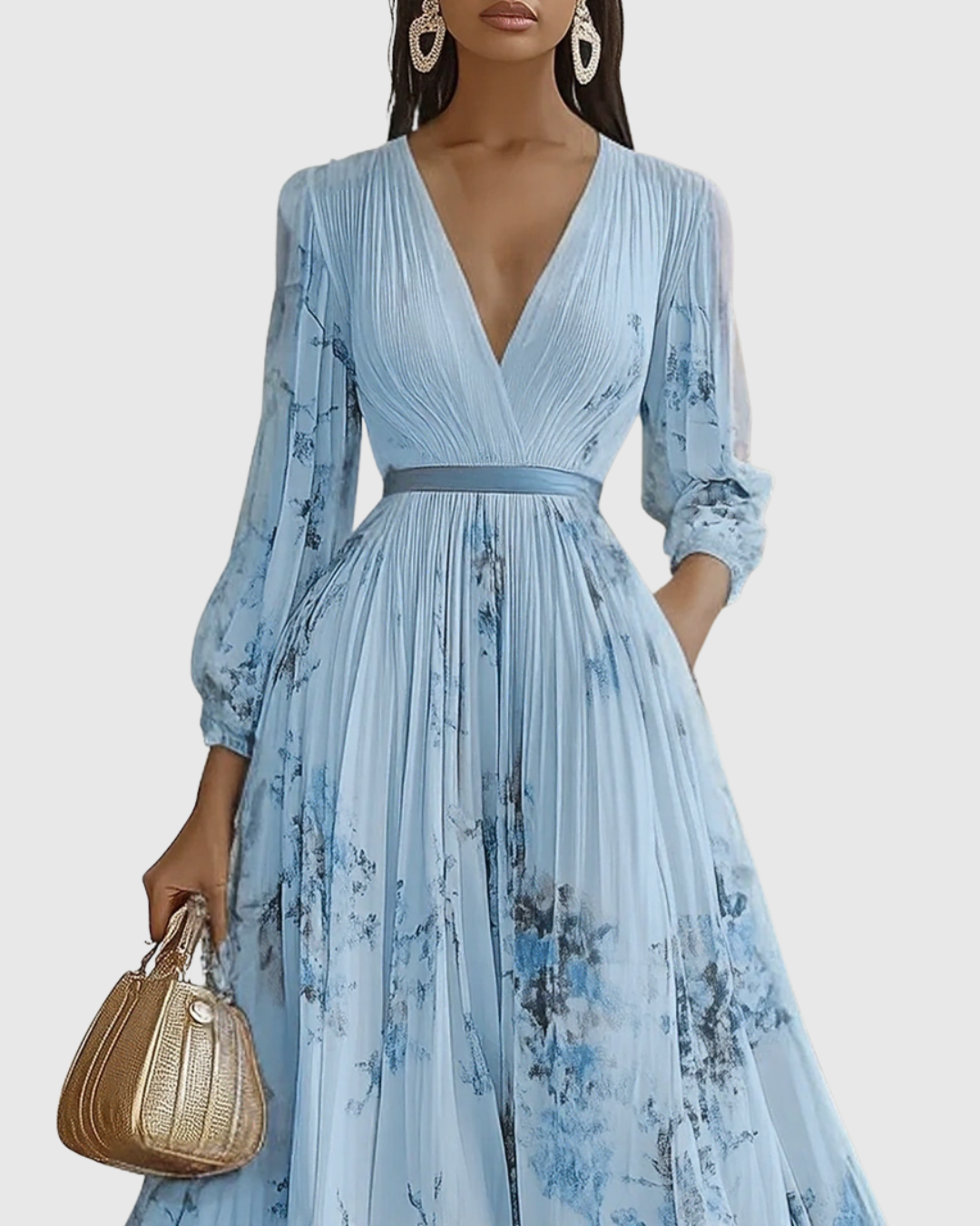 Women's Velvet Maxi Dress Pleated Long Sleeve