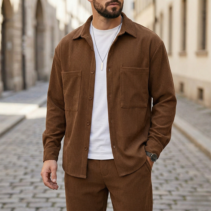 Mens Corduroy Shirt and Pants Set Button Up Casual Outfit