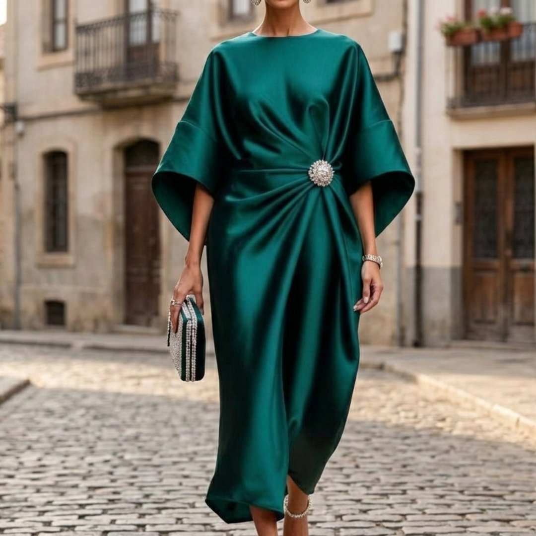 Evening Dress Women Satin Midi Cape Sleeve
