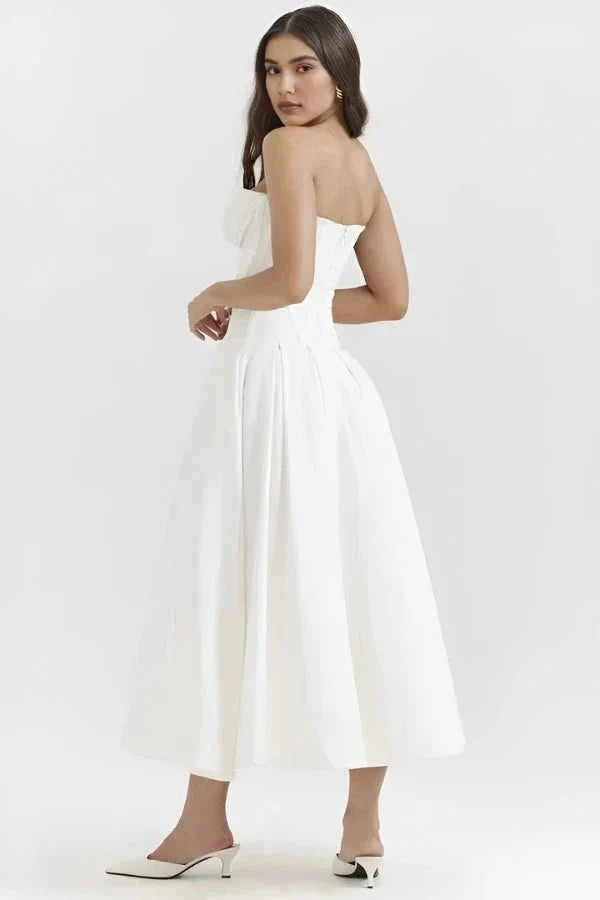Women's Midi Dress Strapless Boned Bodice Full Skirt Zip Back