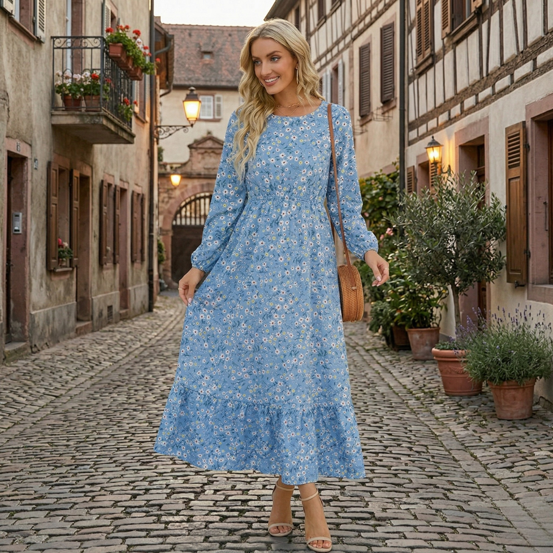 Maxi Dress Long Sleeve Floral Print Elastic Waist Women