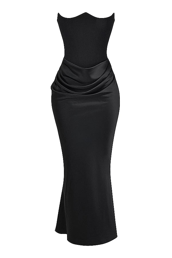 Women's Gown Strapless Corset Satin Structured Bodice Maxi Length