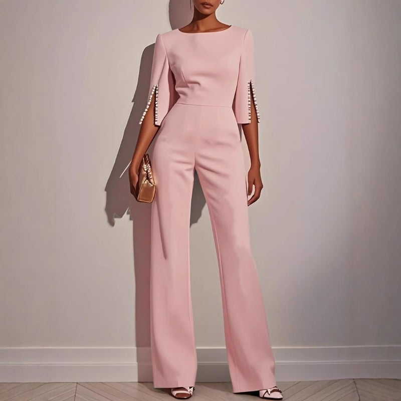 Women's Jumpsuit Velvet Wide Leg Boat Neck 3/4 Sleeve Pearl Trim – Formal
