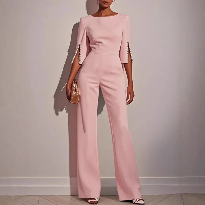 Women's Jumpsuit Velvet Wide Leg Boat Neck 3/4 Sleeve Pearl Trim – Formal