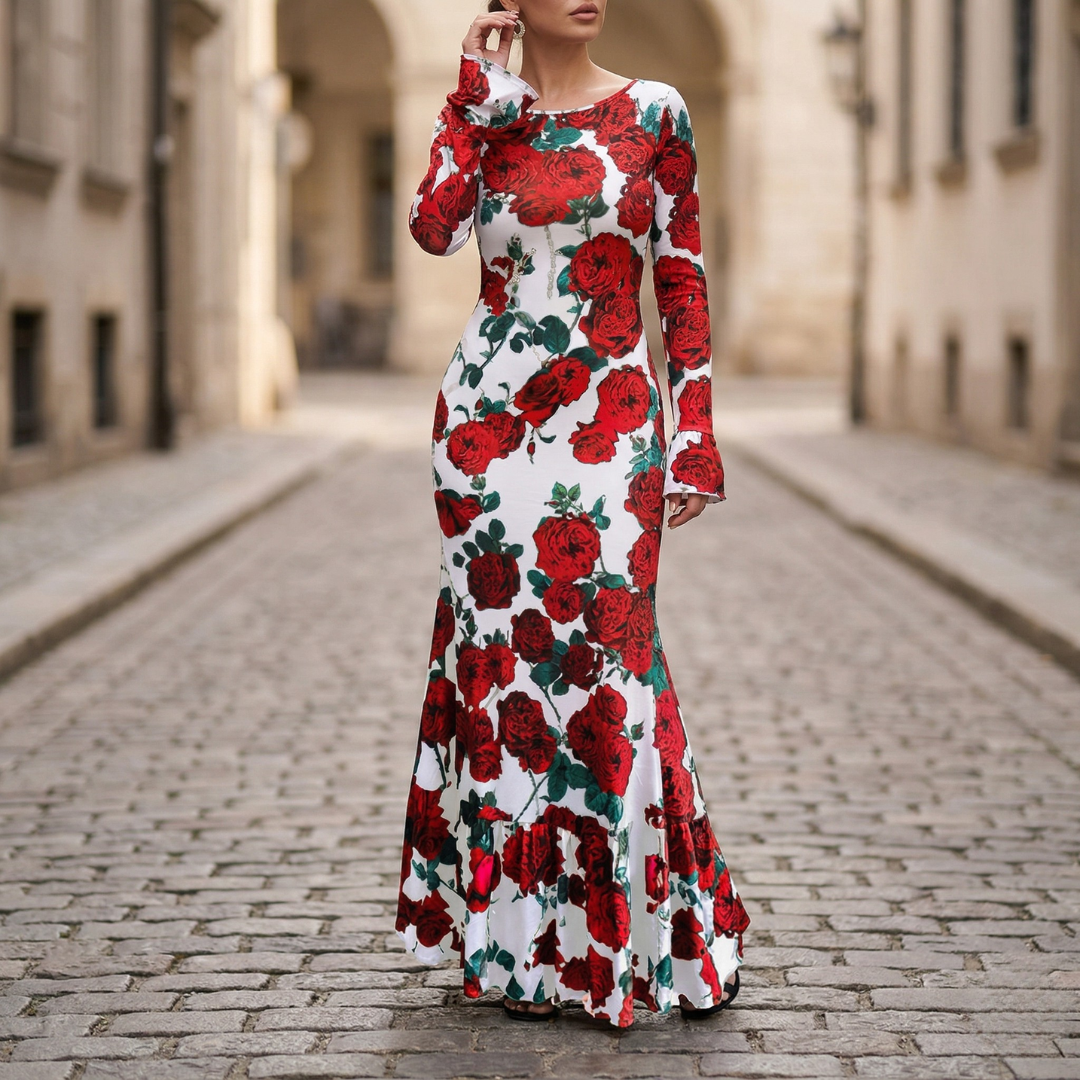 Maxi Dress Long Sleeve Floral Print Bodycon Women