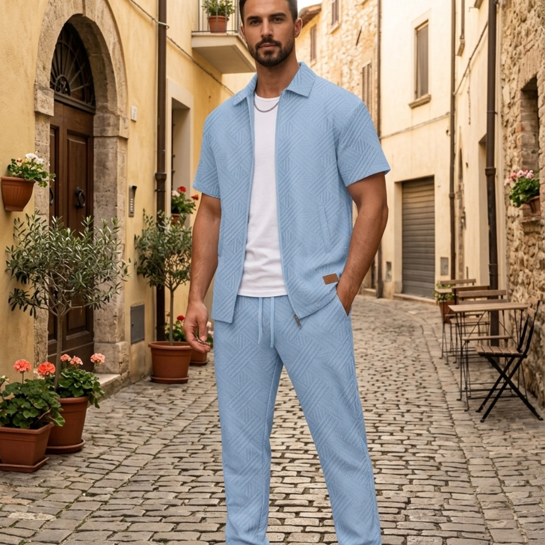 Mens Short Sleeve Shirt and Pants Set Textured Zip Casual Outfit