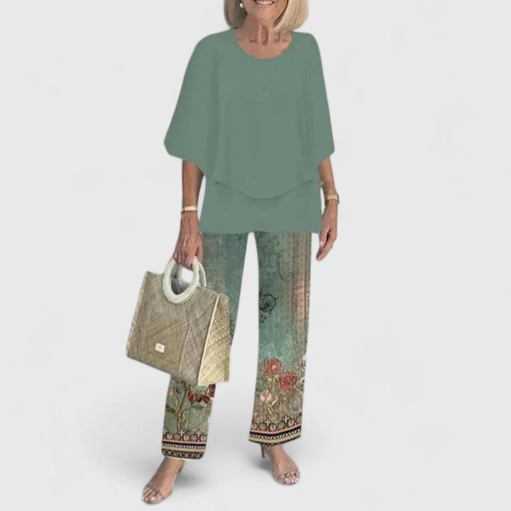 Women's Two-Piece Outfit Set Chiffon Loose Fit Cape Sleeve Top Floral Print Pants