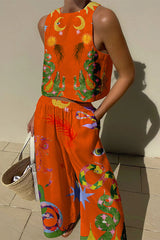 Women's Dress Linen Blend Sleeveless Printed Elastic Waist Pockets Casual Wear